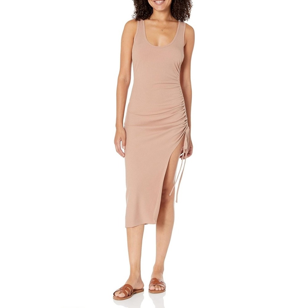 The Drop NWT Dionne Midi Dress Scoop Neck Rouched Side Slit In Praline Tan Sz XS